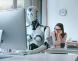 Disappointed stressed woman and AI robot in the office