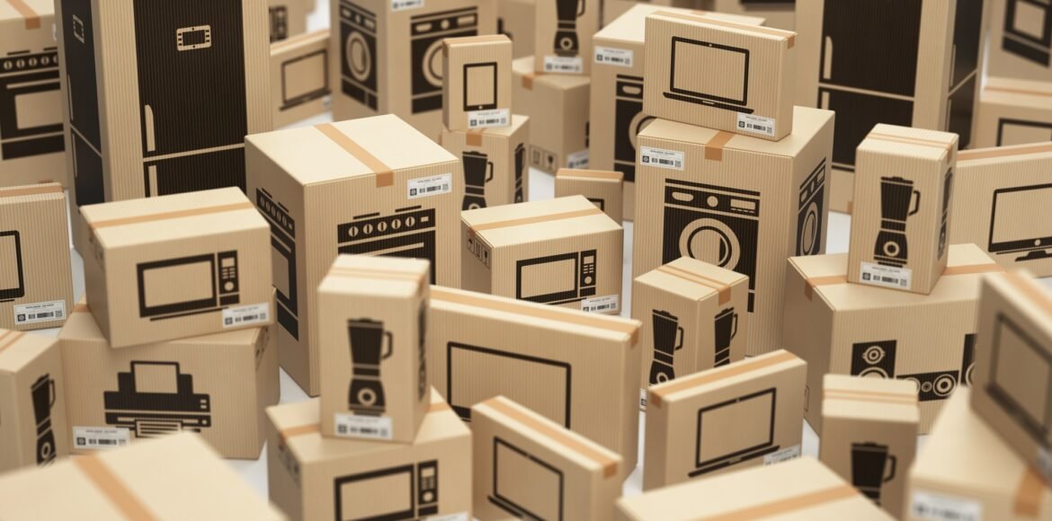 E-commerce, internet online shopping and delivery concept. House