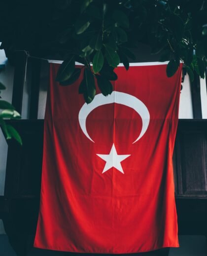 National holiday in Turkey and Turkish flags on the street.